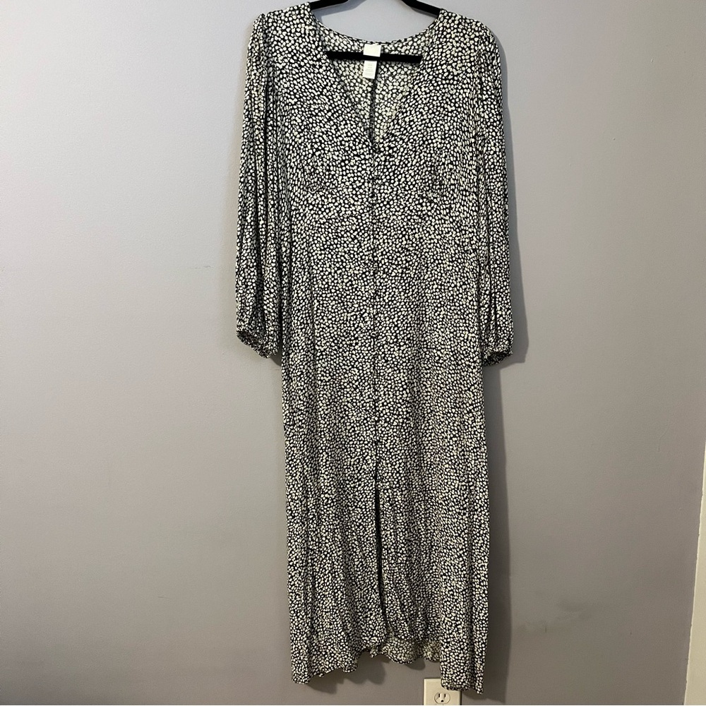 H&M Maxi Dress Small Floral Print Empire Cut Balloon Long Sleeve Black White M
